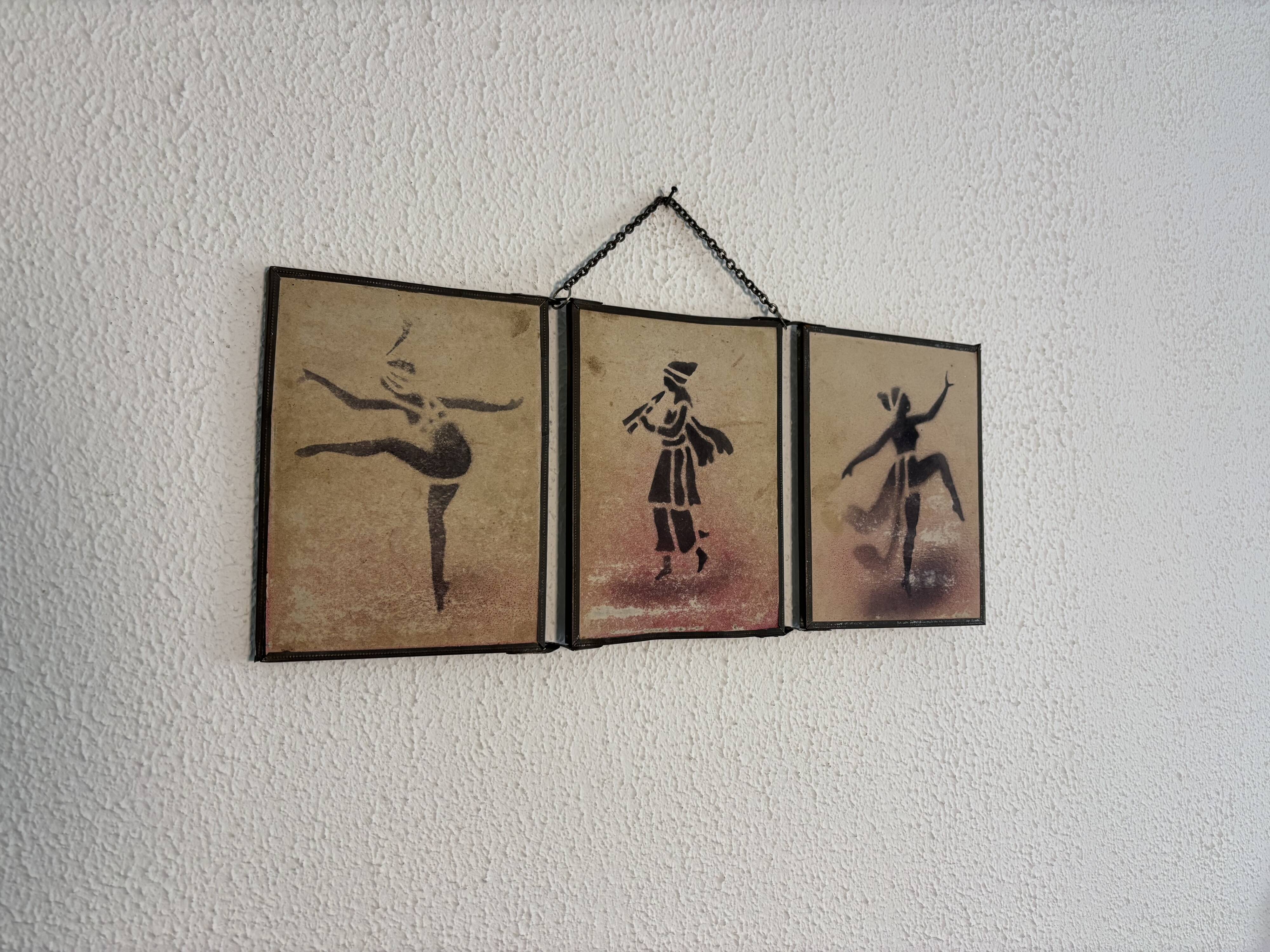 Vintage 1930s triptych mirror depicting a barber, hairdresser, and young dancer