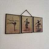Vintage 1930s triptych mirror depicting a barber, hairdresser, and young dancer