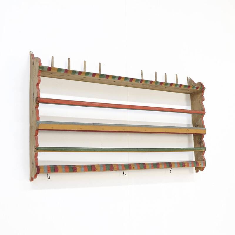 Antique Rustic Farmhouse Folk Art Painted Kitchen Plate Rack / Wall Shelve