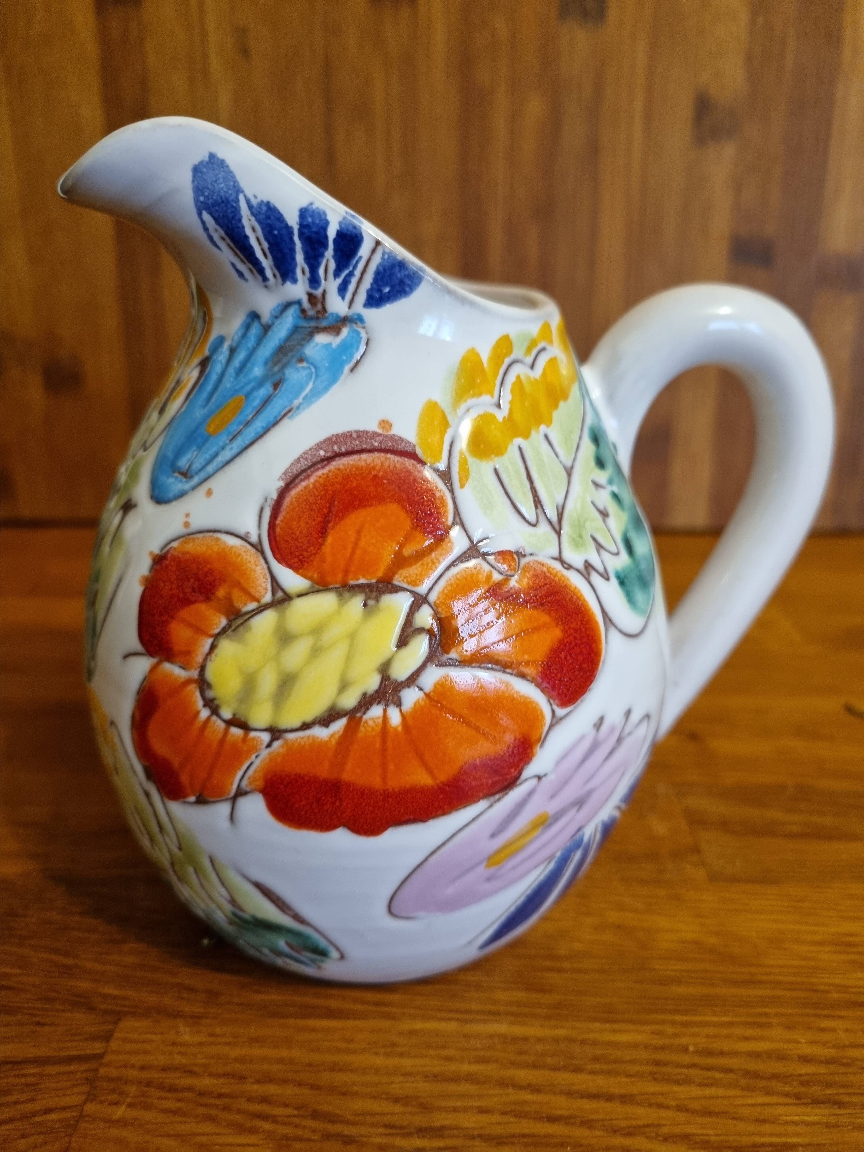 Vintage 50 cl Vallauris ceramic pitcher handmade with floral decor