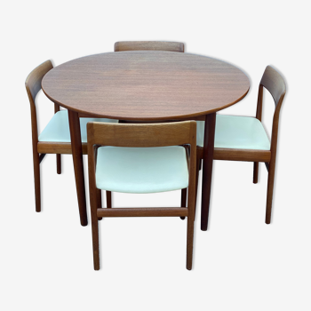 Table ronde scandinave en teck avec 4 chaises