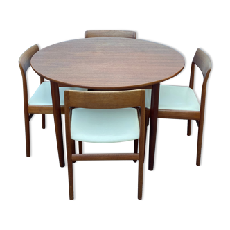 Table ronde scandinave en teck avec 4 chaises