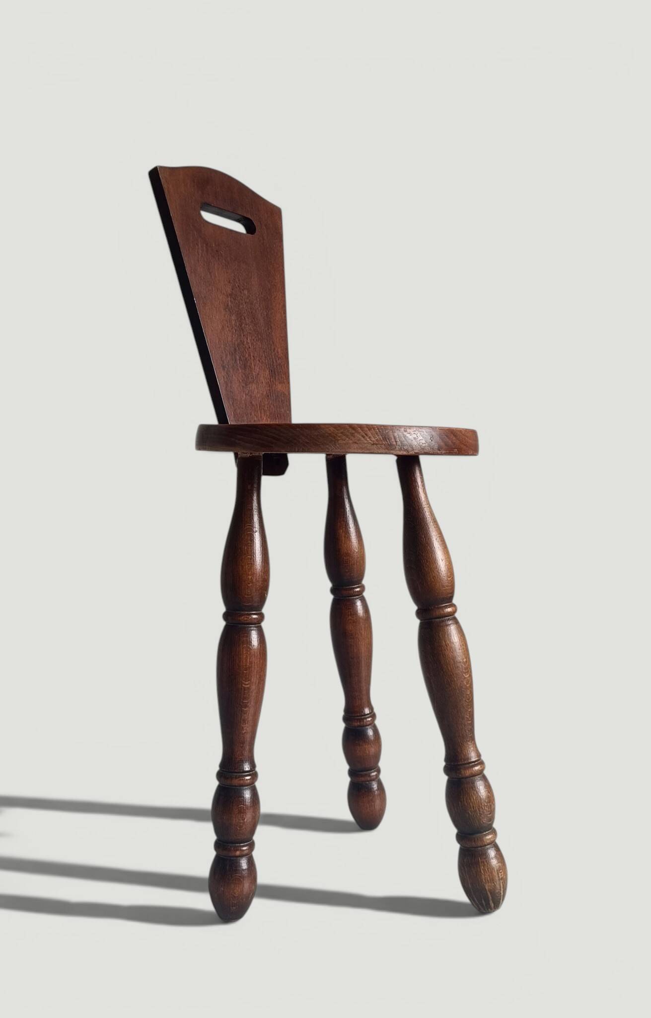 Folk Art Chestnut Wood Tripod Chair, Charles Dudouyt Style, France, 1930s
