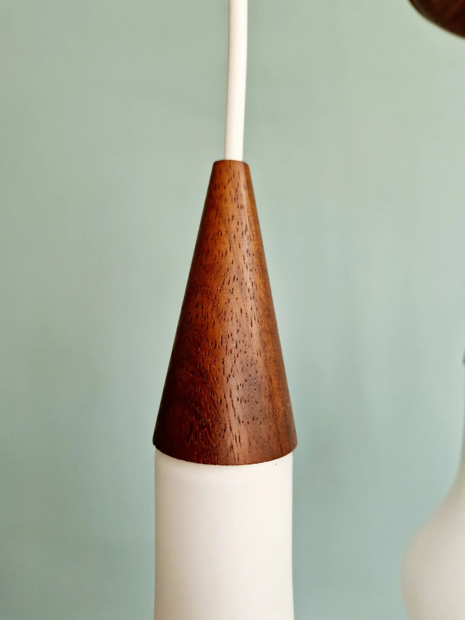 Scandinavian teak and satin white glass chandelier, 1960