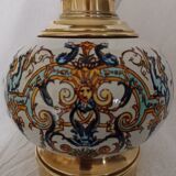 Copper oil lamp . faience of gien