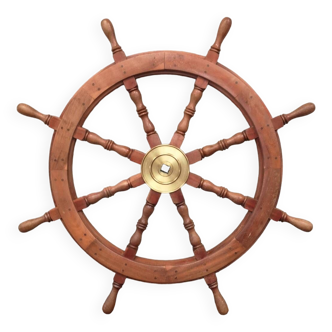 Walnut boat steering wheel with brass center inlay 8 sockets vintage 1970
