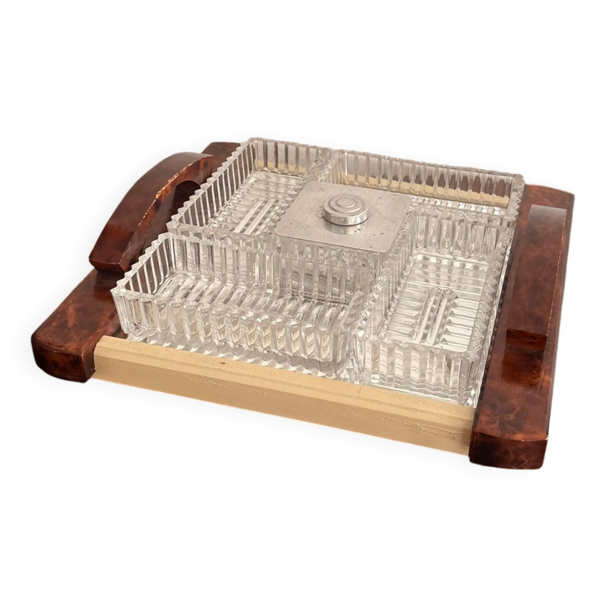 Vintage Serving Tray Aperitif Handle Thuya Walnut Art Deco Mirror Platter