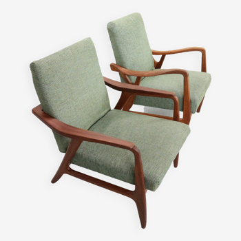 Ensemble de deux fauteuils danois vintage en teck de forme organique en tissu vert, 1960