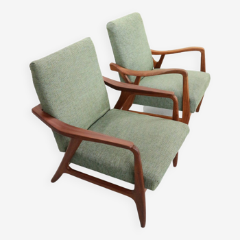 Set of two Danish vintage teak organic shaped Armchairs in green fabric, 1960's