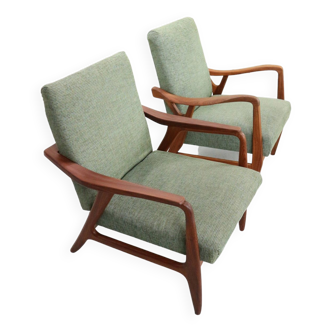 Ensemble de deux fauteuils danois vintage en teck de forme organique en tissu vert, 1960