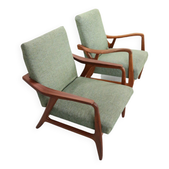 Set of two Danish vintage teak organic shaped Armchairs in green fabric, 1960's