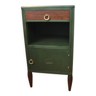 Green art deco bedside table and reooked wood