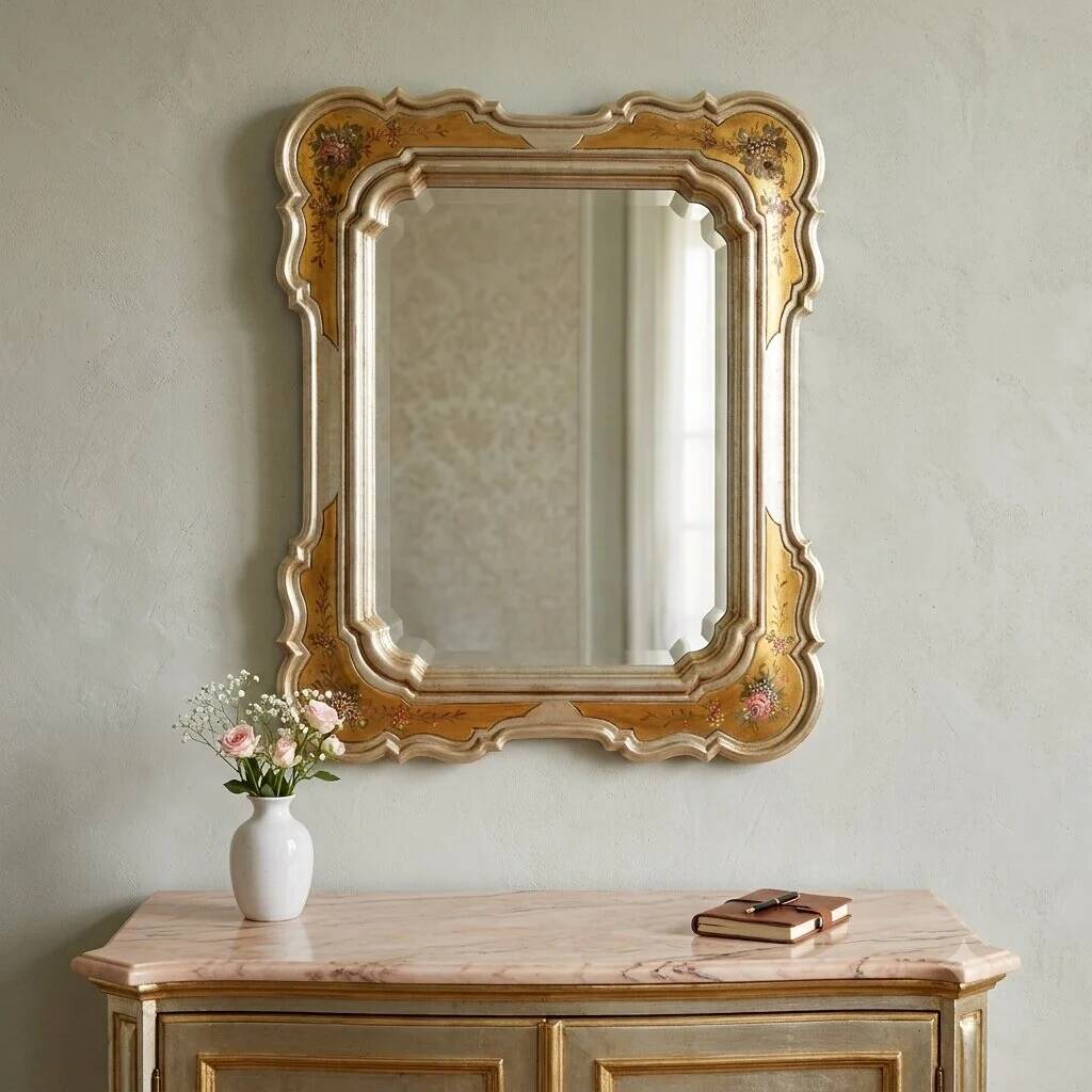 Antique mirror with a gilded frame and floral decorations, Italy, 20th century.