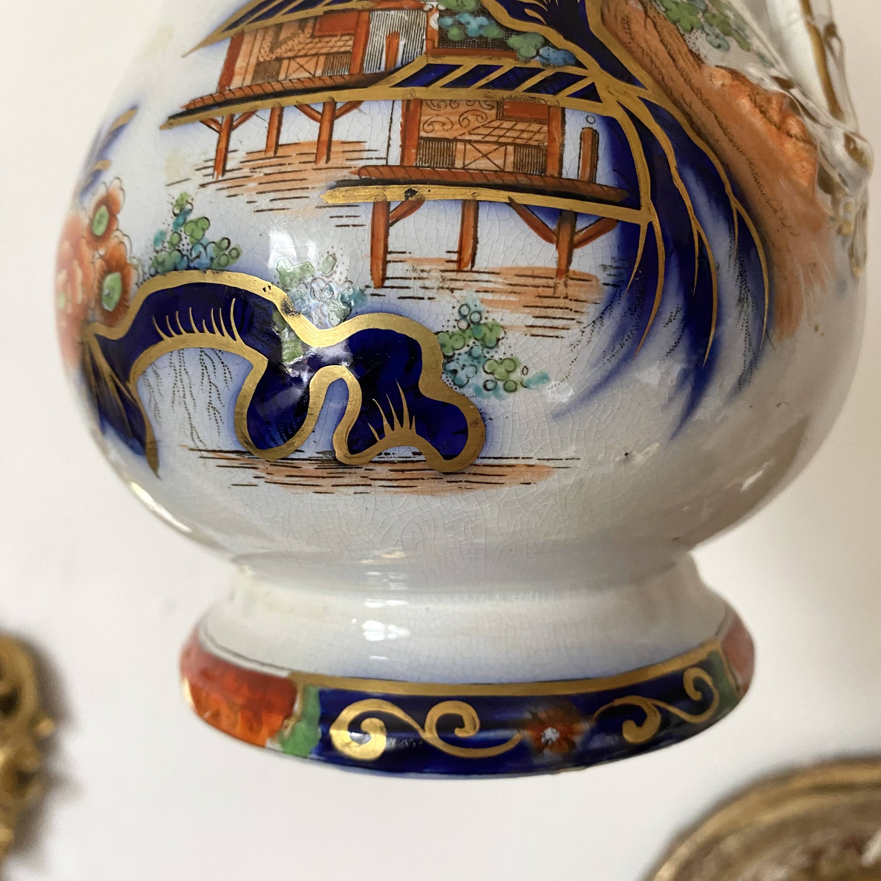 Antique polychrome porcelain jug, Orientalist decoration.