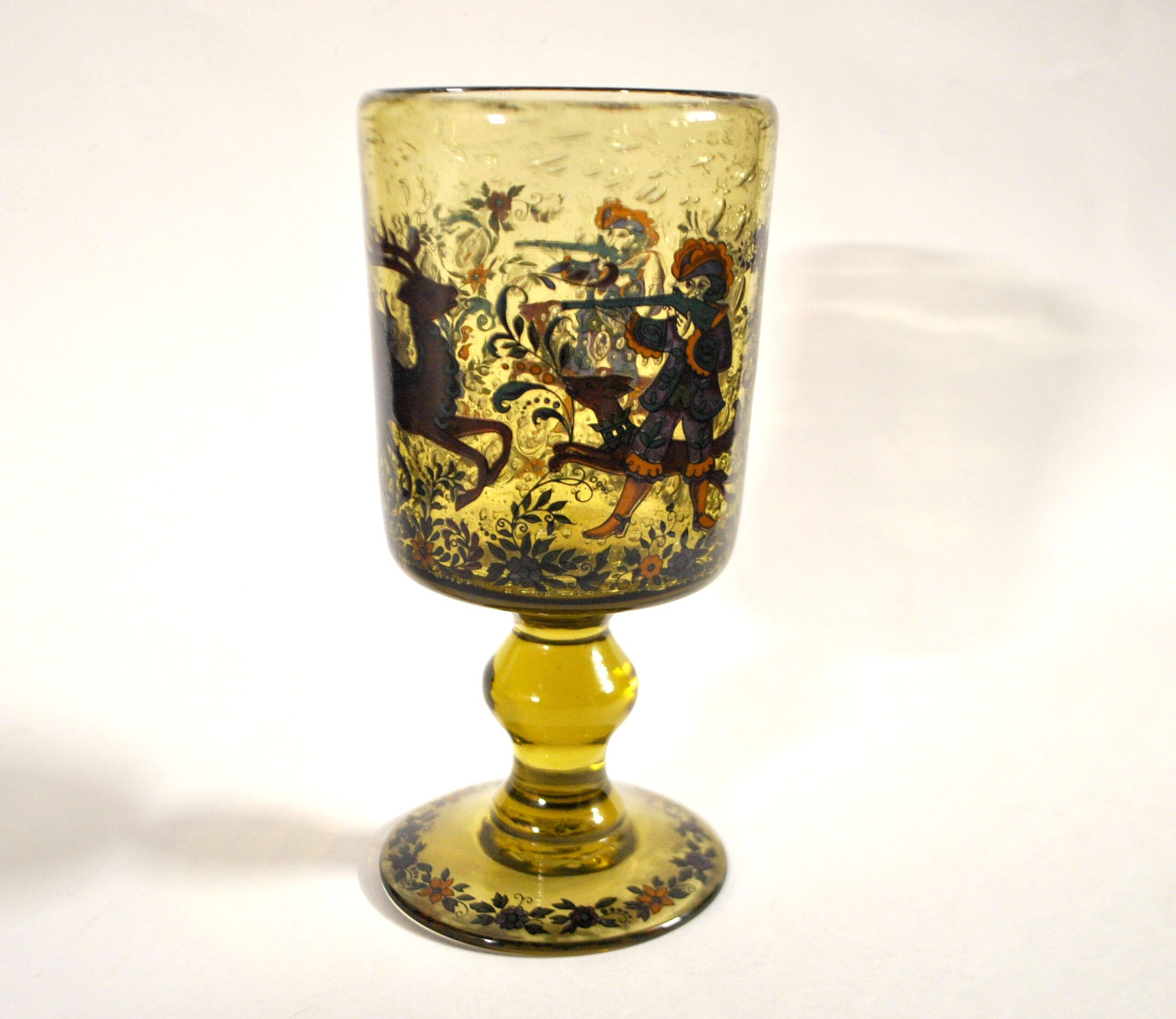 Roemer glass in bubble glass, enamelled, hunter Alfred TAUBE VOHENSTRAUSS Germany