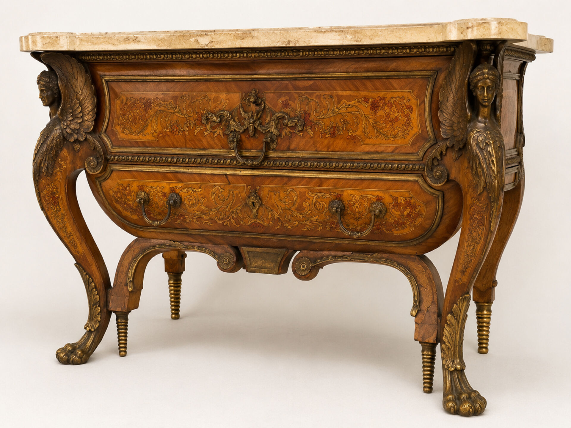 Ornamental commode in marquetry, marble, winged figures - Napoleon III