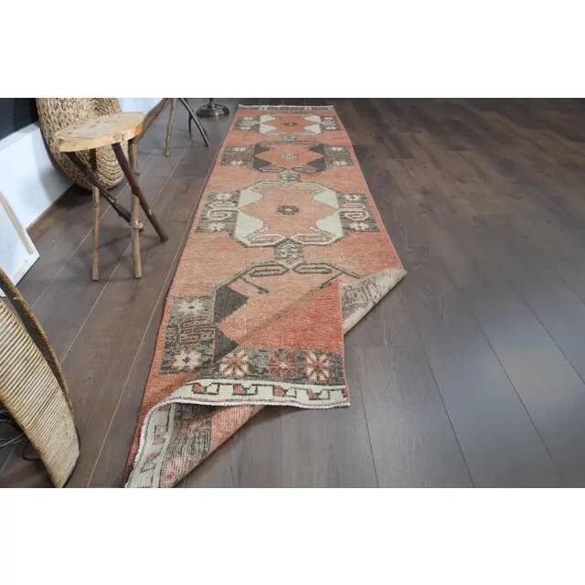 Orange Vintage Turkish Oushak Handmade Wool Runner Unique Rug 78x318