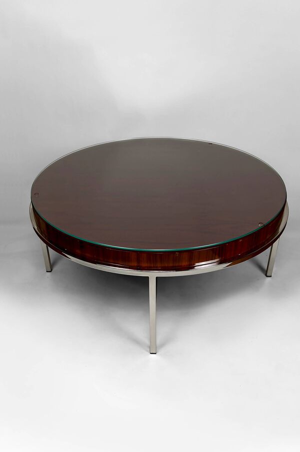 Table Basse Moderniste – Chrome & Bois Exotique – Italie, Circa 1960-1970