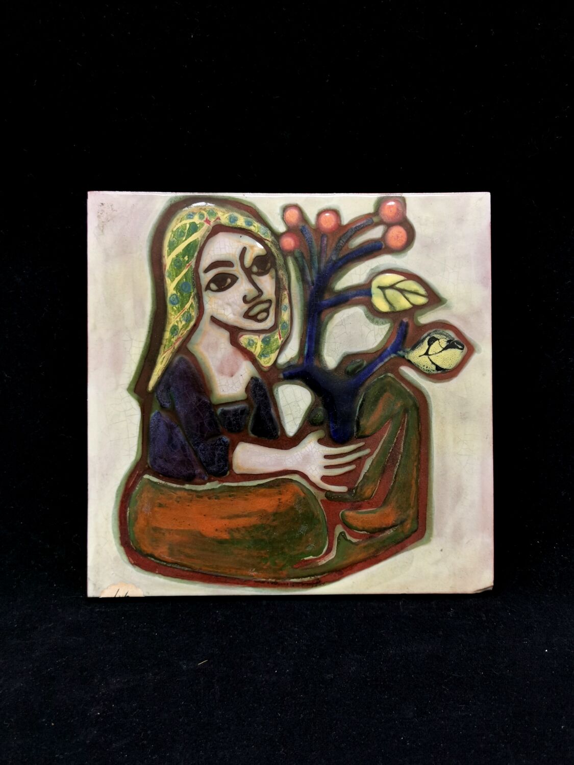 Painting tile in earthenware signed Jaqueline Bartre SANT VICENS CERAMIQUE 1970