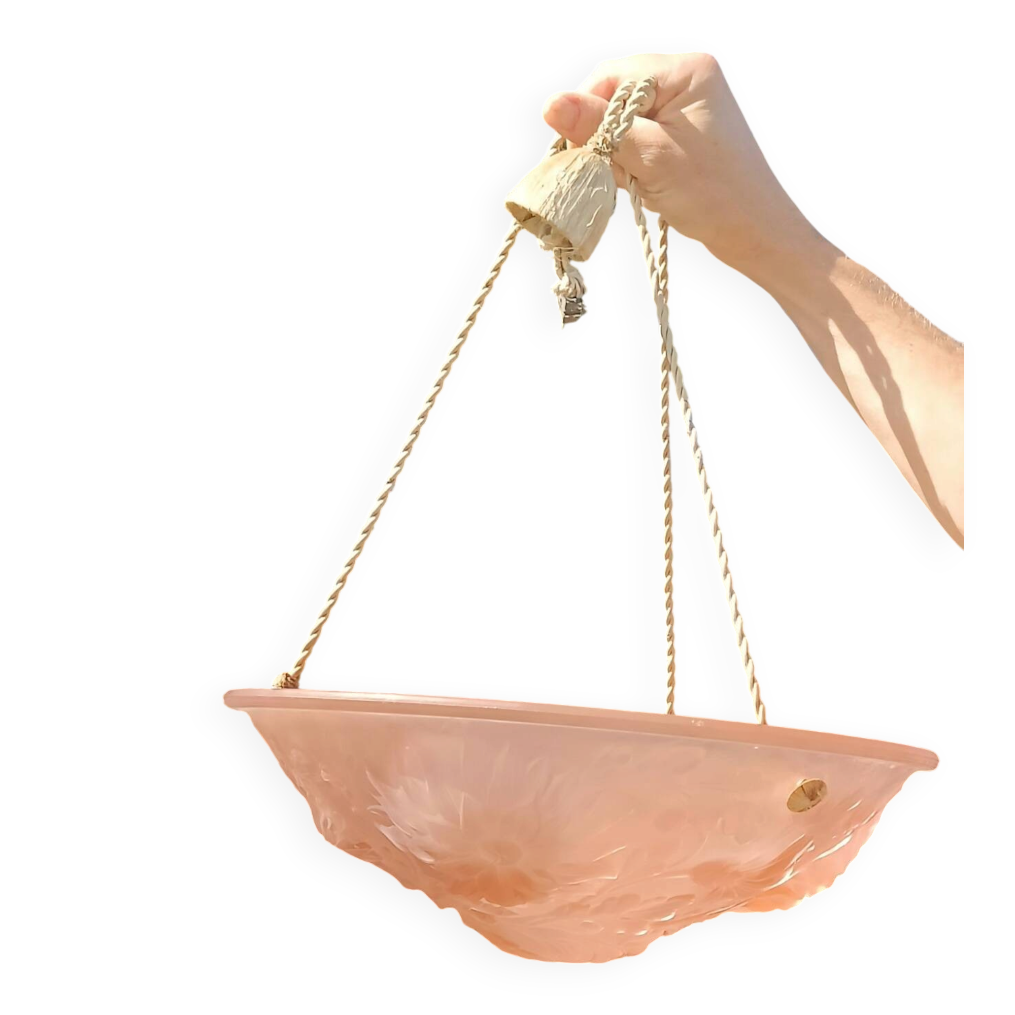 Art Deco suspension from the 1930s in moulded pink glass.