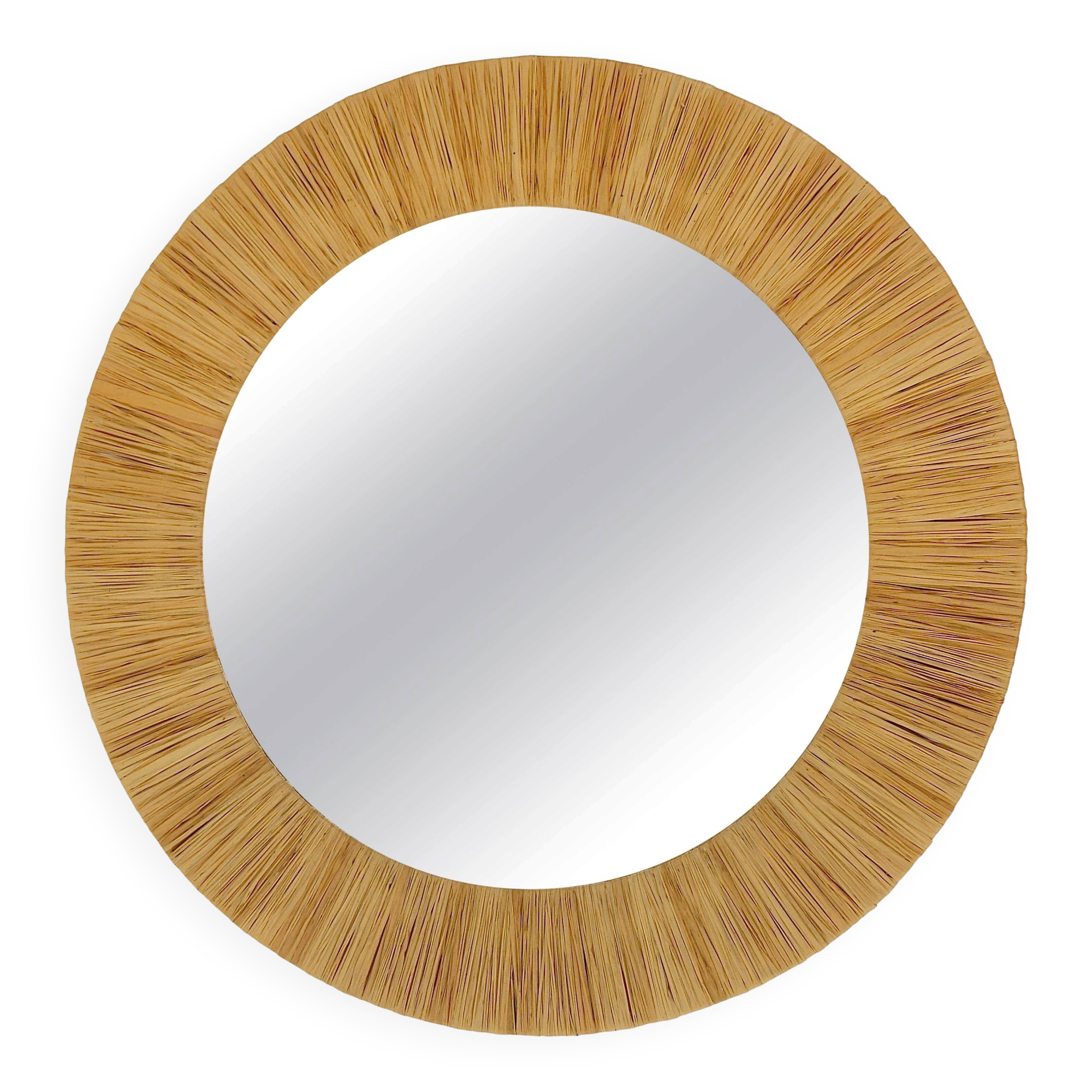 Mid-century Round Wall Mirror Italian Riviera in Raffia with a Bast Frame, 1950s