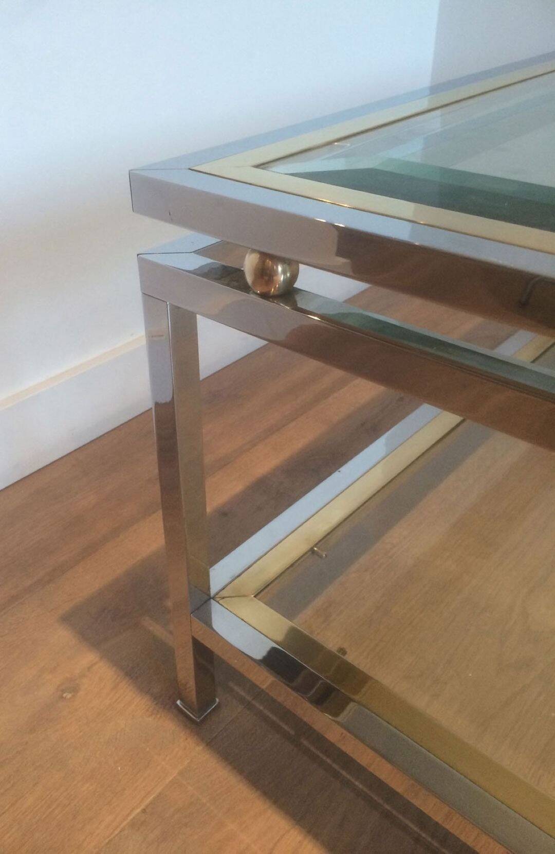 Table basse à double plateau en chrome et laiton
