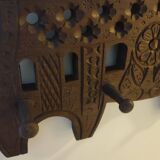 Brutalist style carved wooden coat rack with four hooks