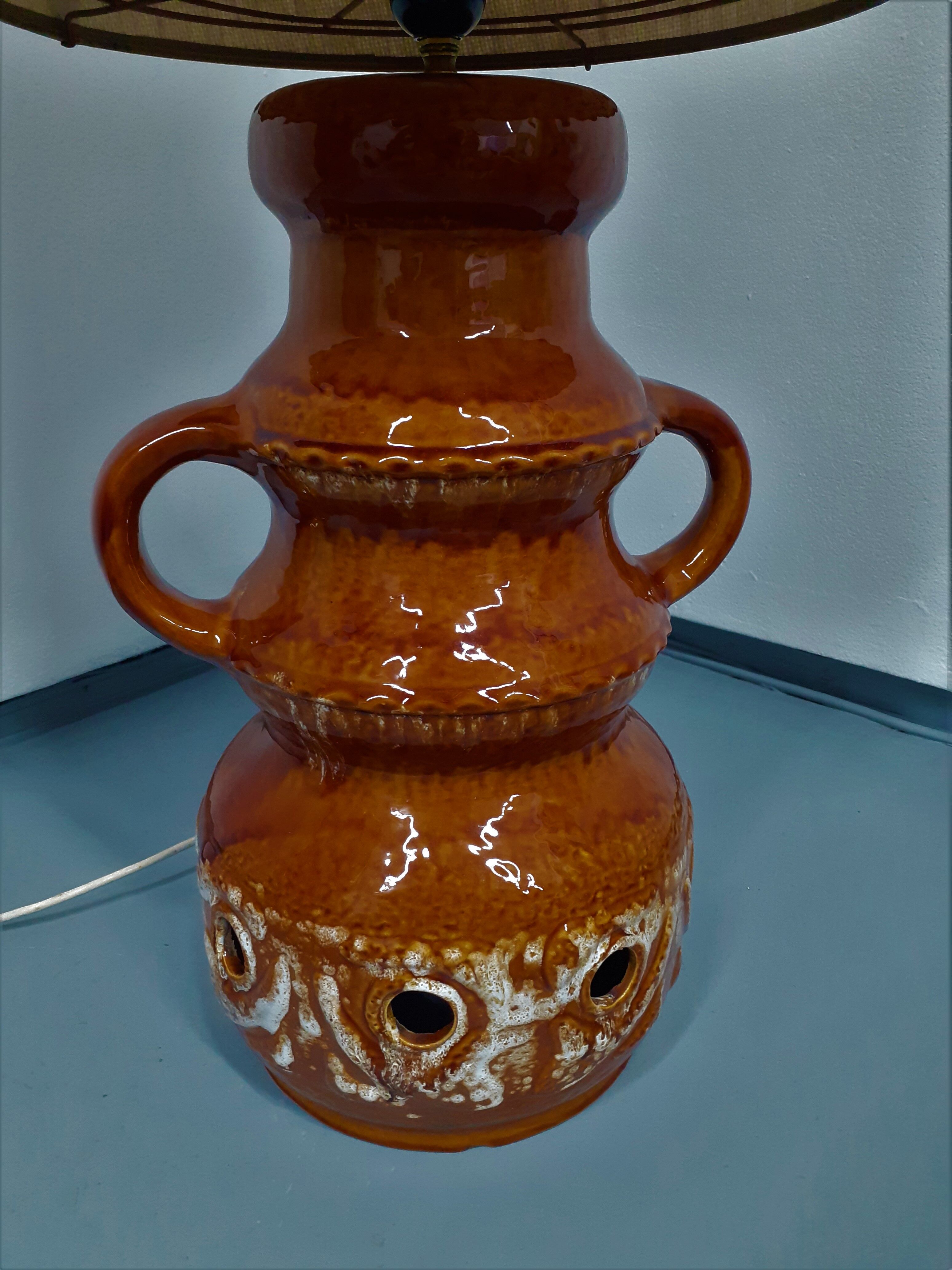 70s floor lamp with open ceramic foot and period lampshade