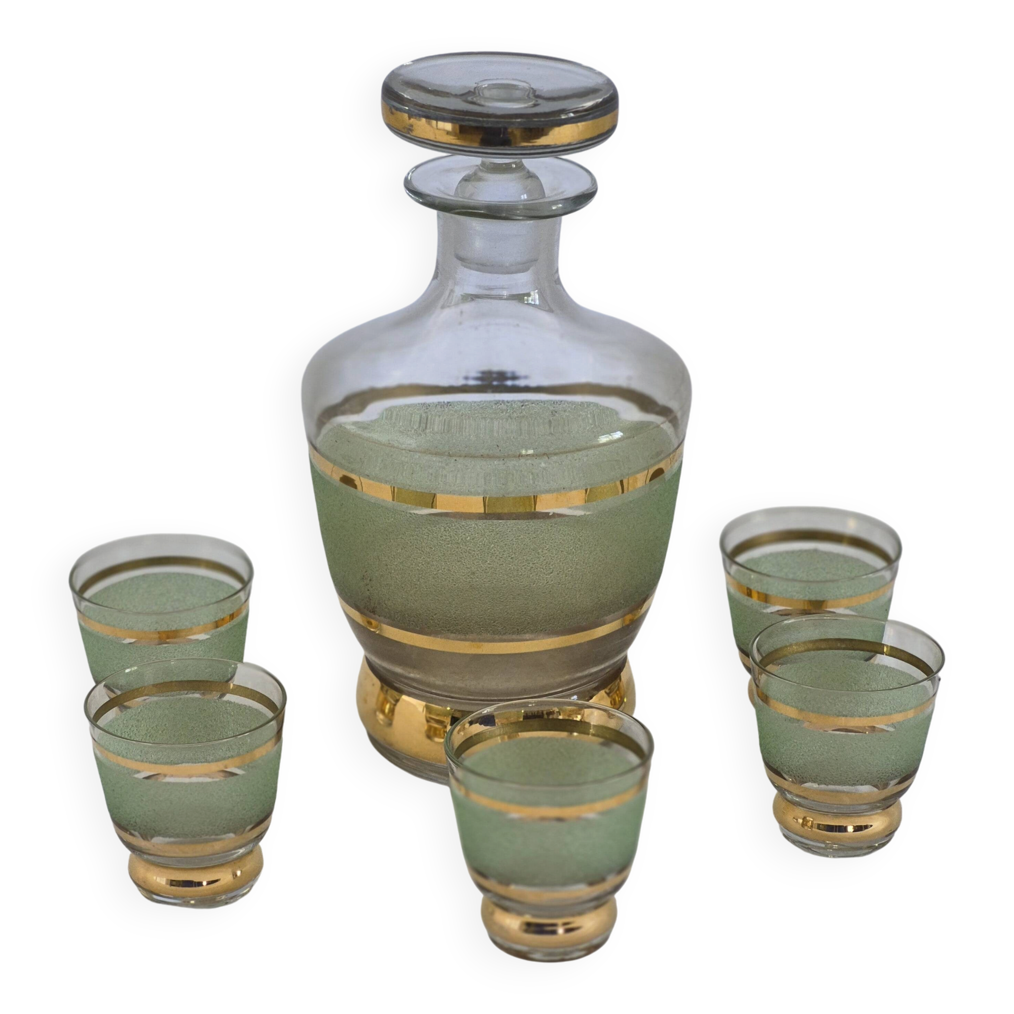 Vintage liqueur service in frosted celadon and gold glass – 1950s