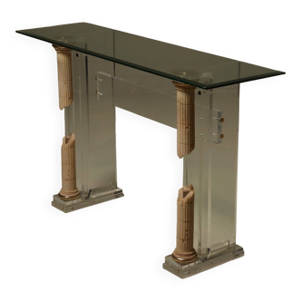 Italian Modern Plexiglass Console Table with Roman Column Details 1980s