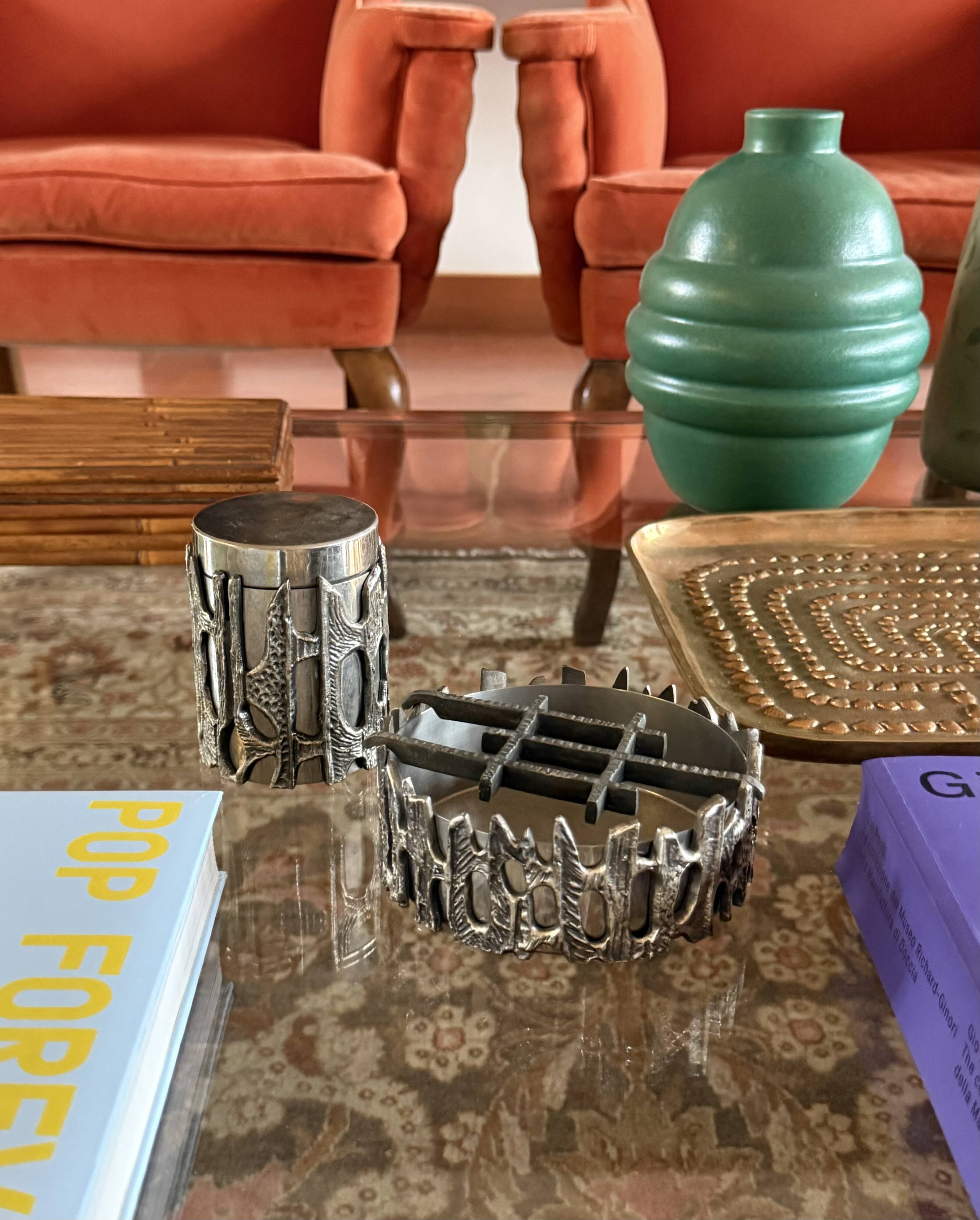 Brutalist top smoking set, ashtray and cigars box, Morbelli Italy 1970