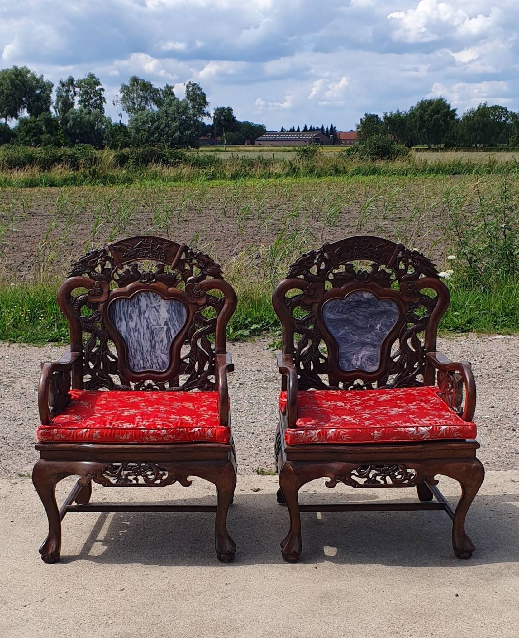 Set of 2 vintage Chinese Asian chairs in carved rosewood with marble.
