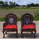 Set 2 vintage Chinese Asian chairs carved rosewood with marble