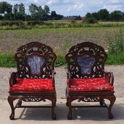 Set of 2 vintage Chinese Asian chairs in carved rosewood with marble.