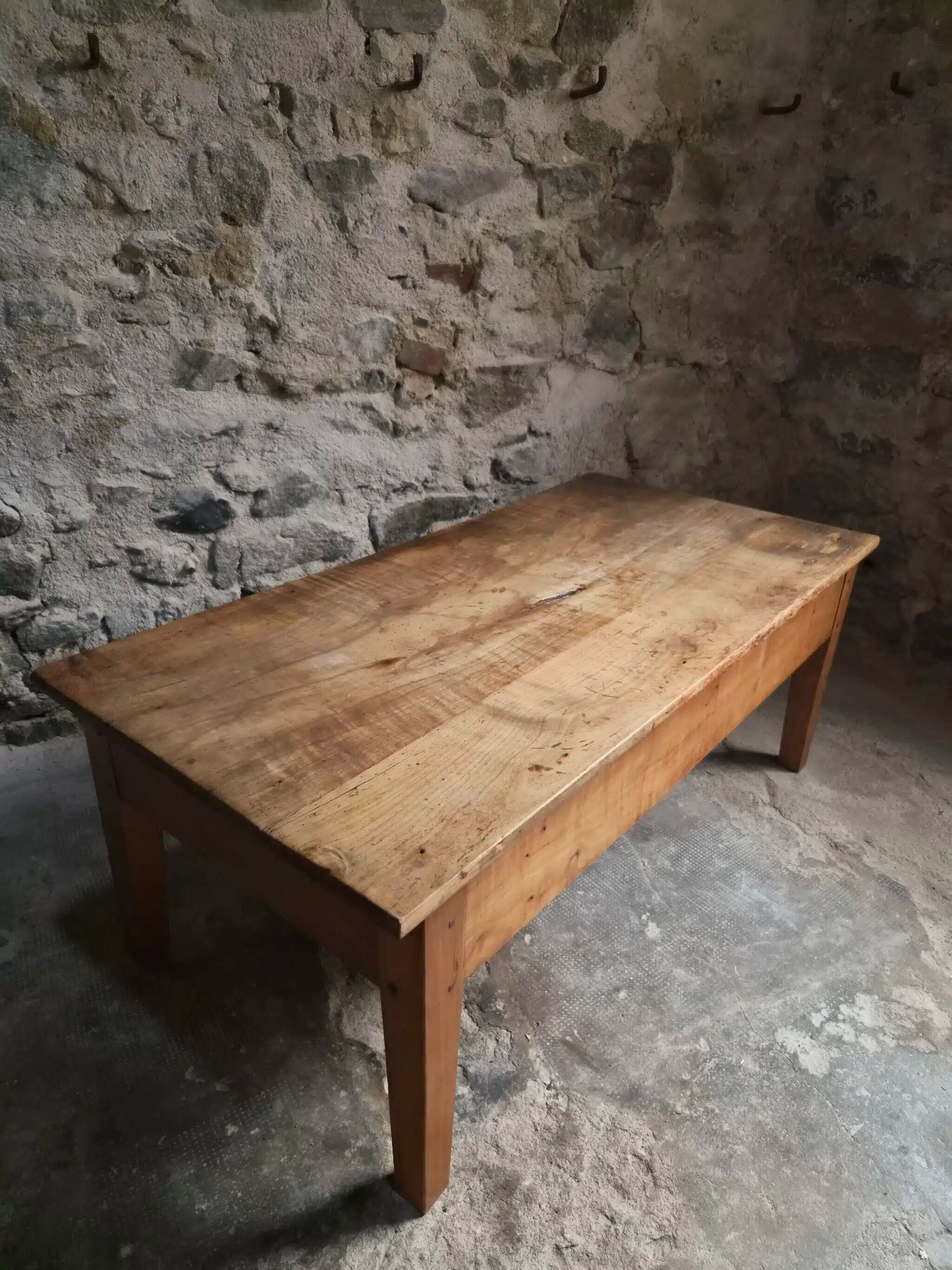 Antique French coffee table, 18th-century cherry farmhouse table with a drawer.