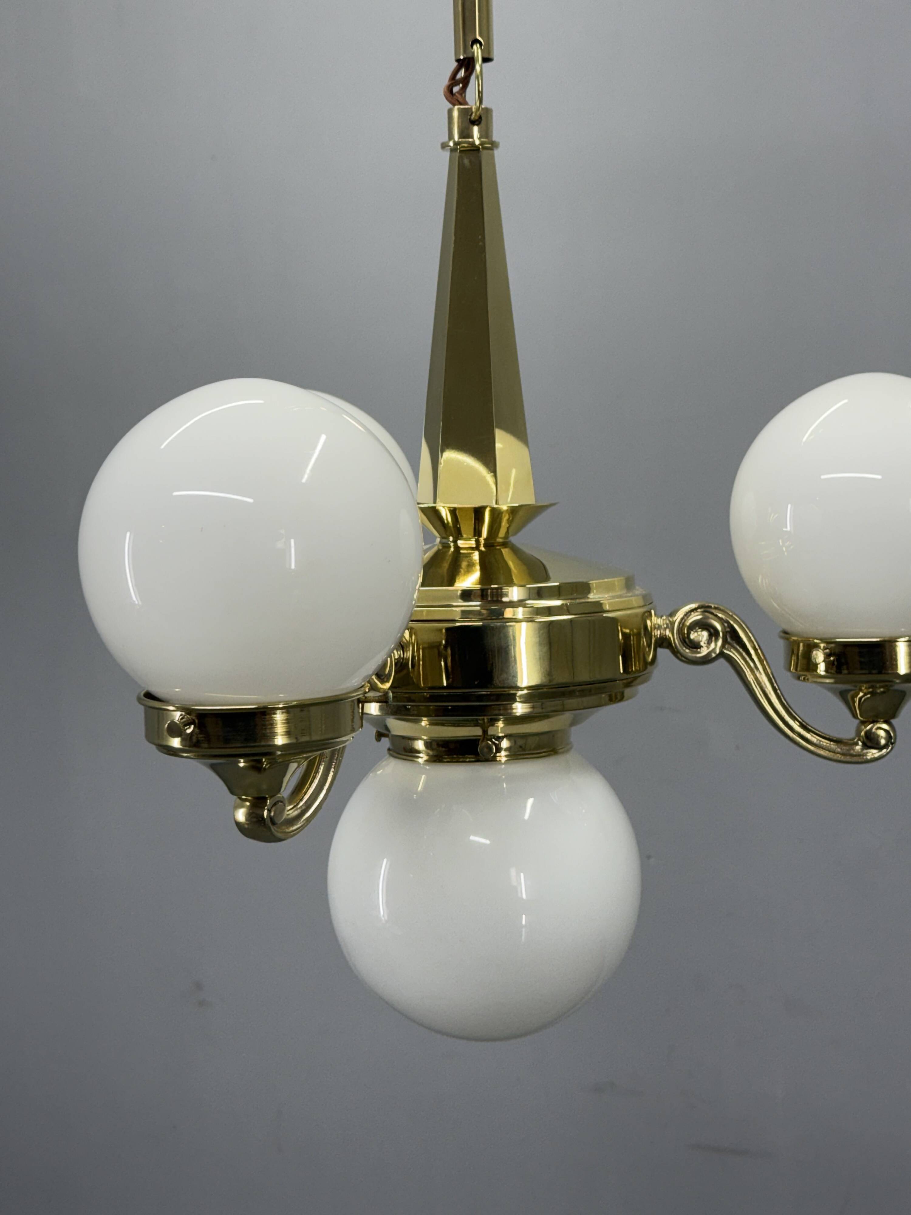 Art Deco Brass and Opaline Glass Chandelier, 1930s