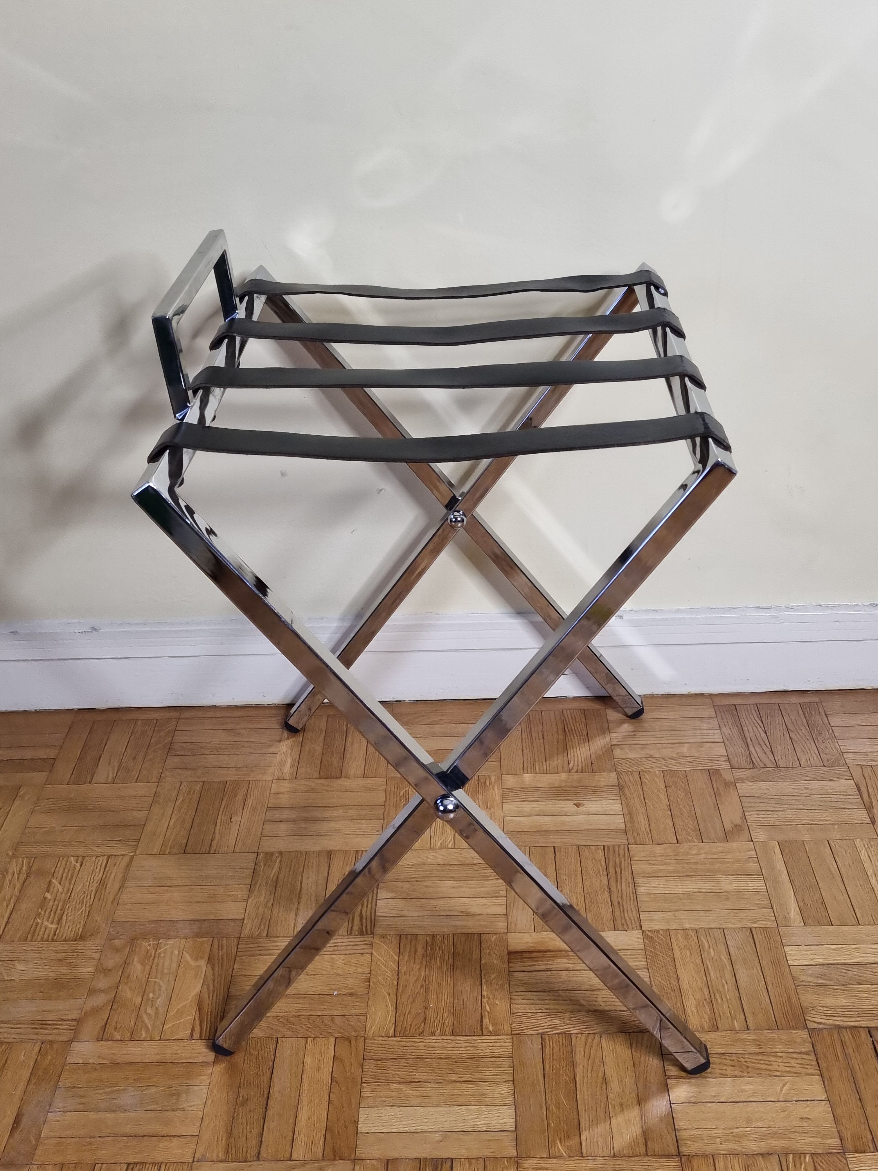 Luggage rack in chrome steel and leather 80s
