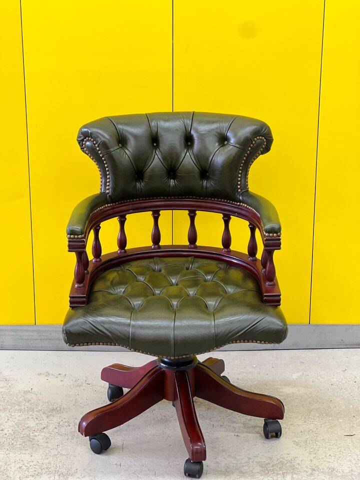 Chesterfield Revolving Captain's Chair with Green Leather Upholstery