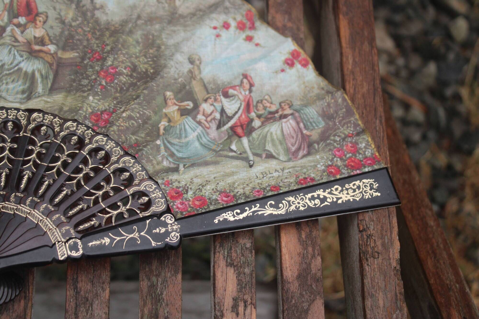 Vintage decorative fan signed JR Romano and J. Blay – Gallant Scenes
