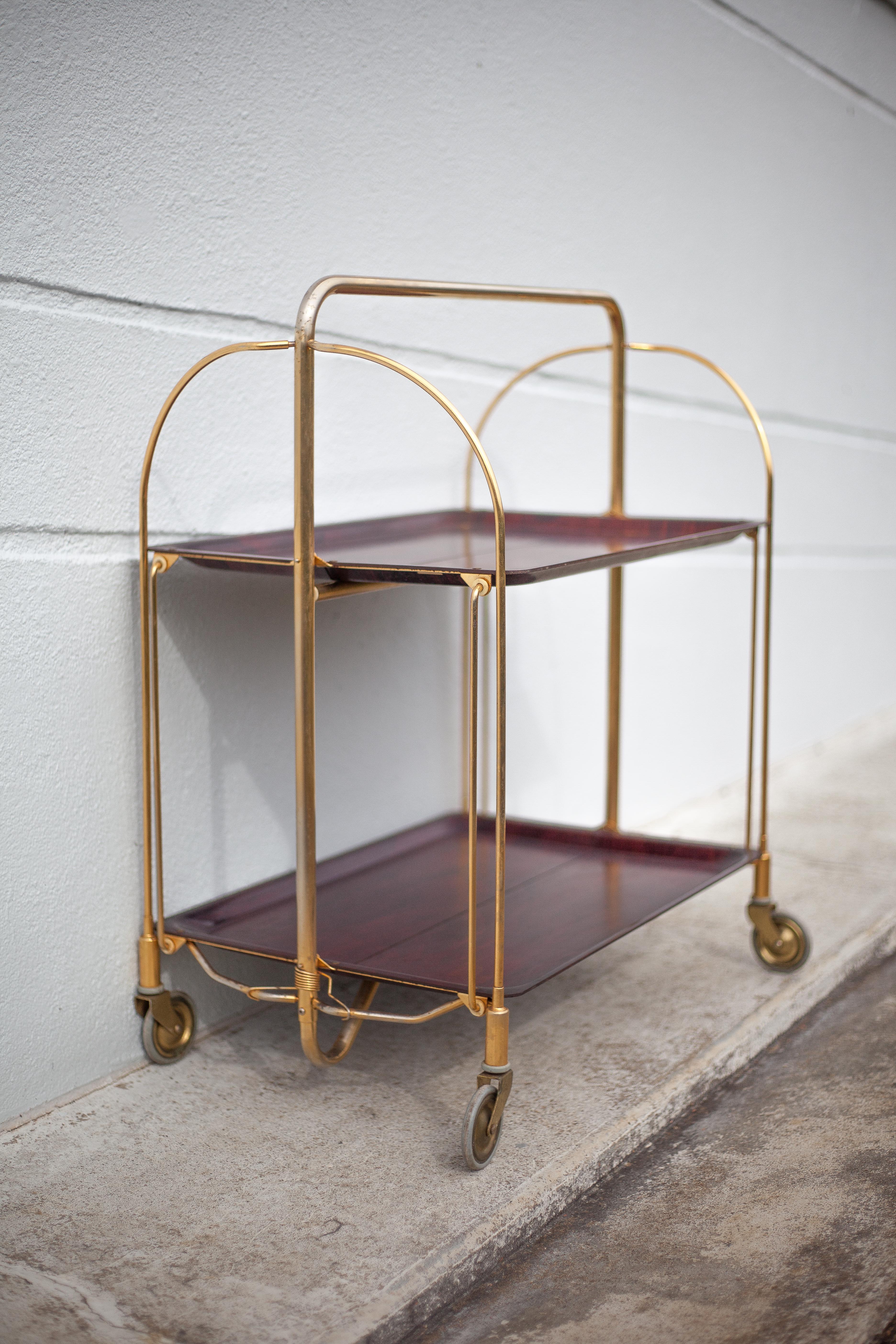 Vintage service, rolling bar, table, wheeled service, golden metal service, folding service