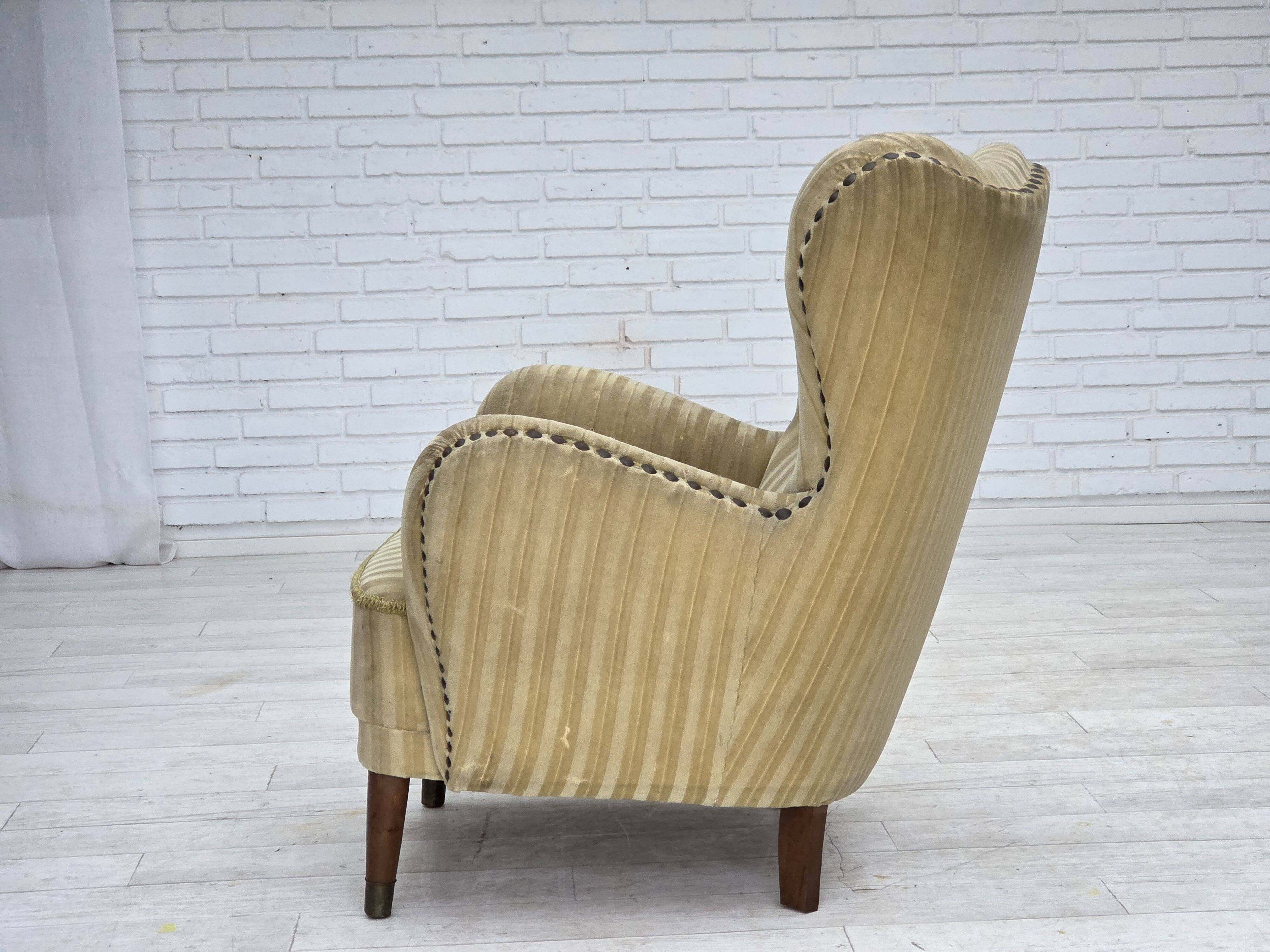 1960s, Danish armchair, light green furniture velour, beech wood.