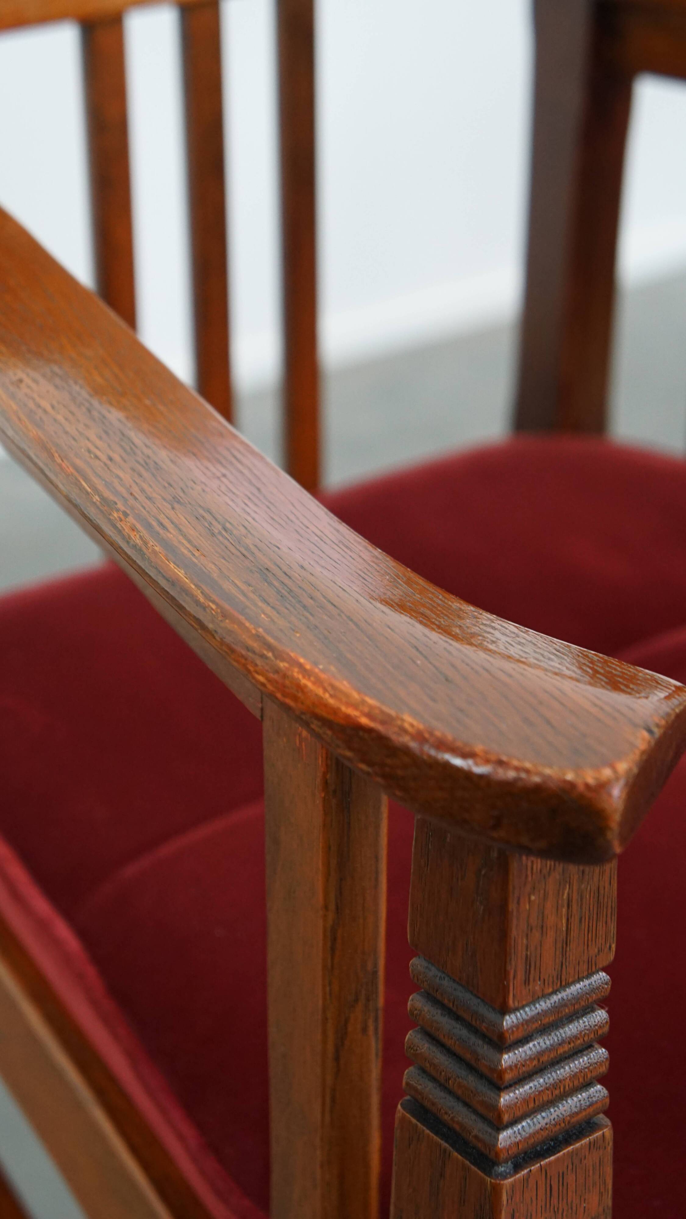 Ensemble de 4 chaises de salle à manger Art Nouveau / Jugendstil avec revêtement rouge