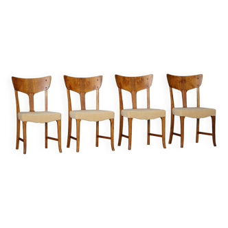 Early 20th century, set of 4 Danish Art Nouveau dining chairs, burl & velvet.