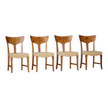Début du XXe siècle, ensemble de 4 chaises de salle à manger danoises Art Nouveau, loupe & velours