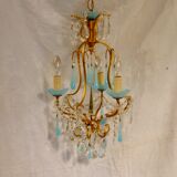 Lustre à pampilles bleues en verre et opaline XXe siècle