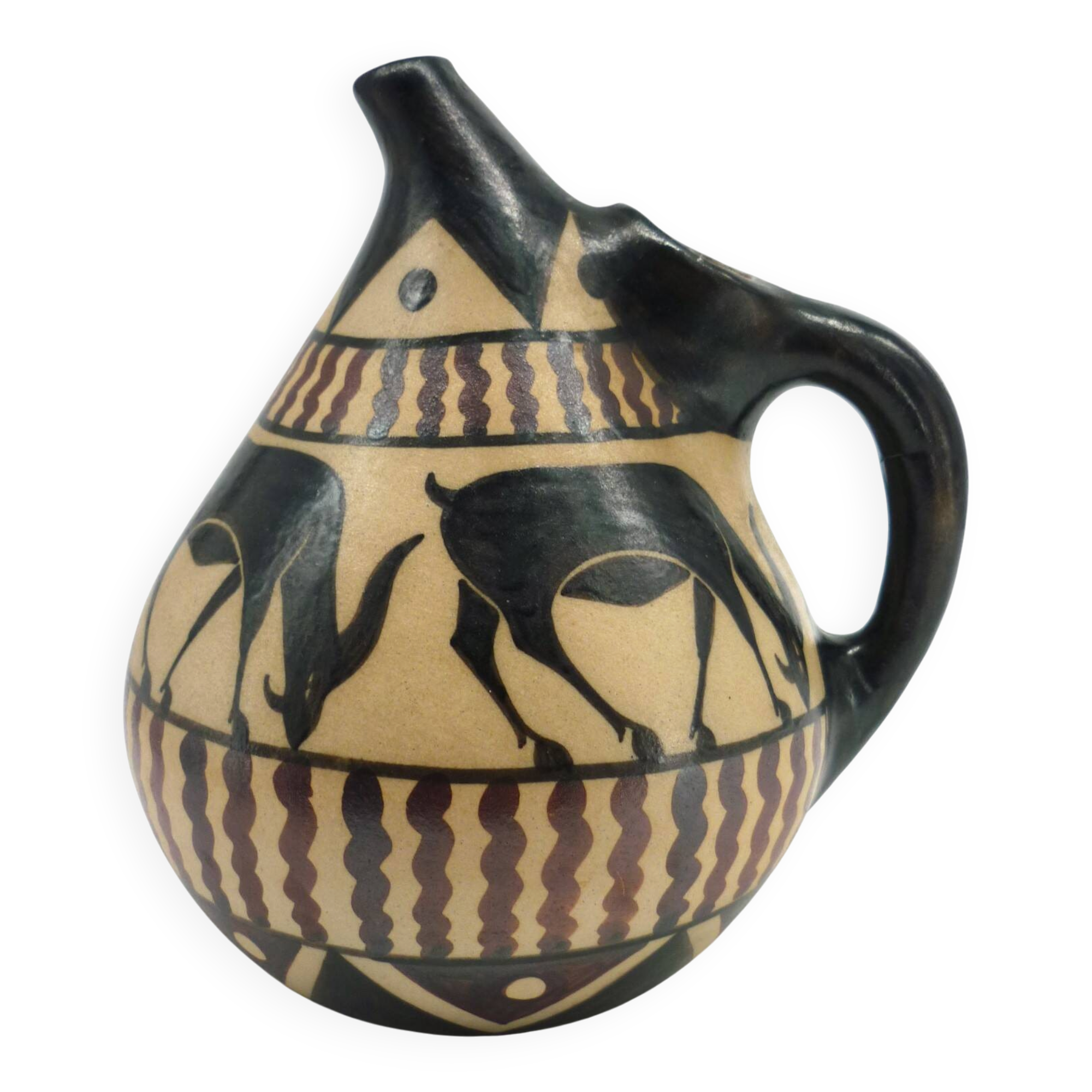 Vase pichet, céramique émaillée, art déco, E. Vilotte Ciboure, antilopes