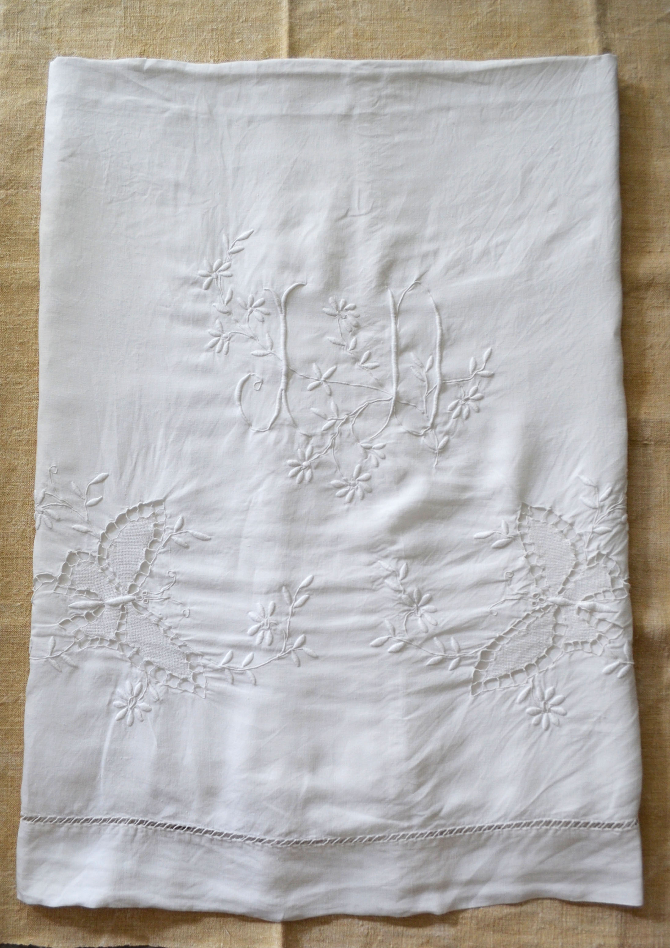 Antique linen sheet embroidery and monogram