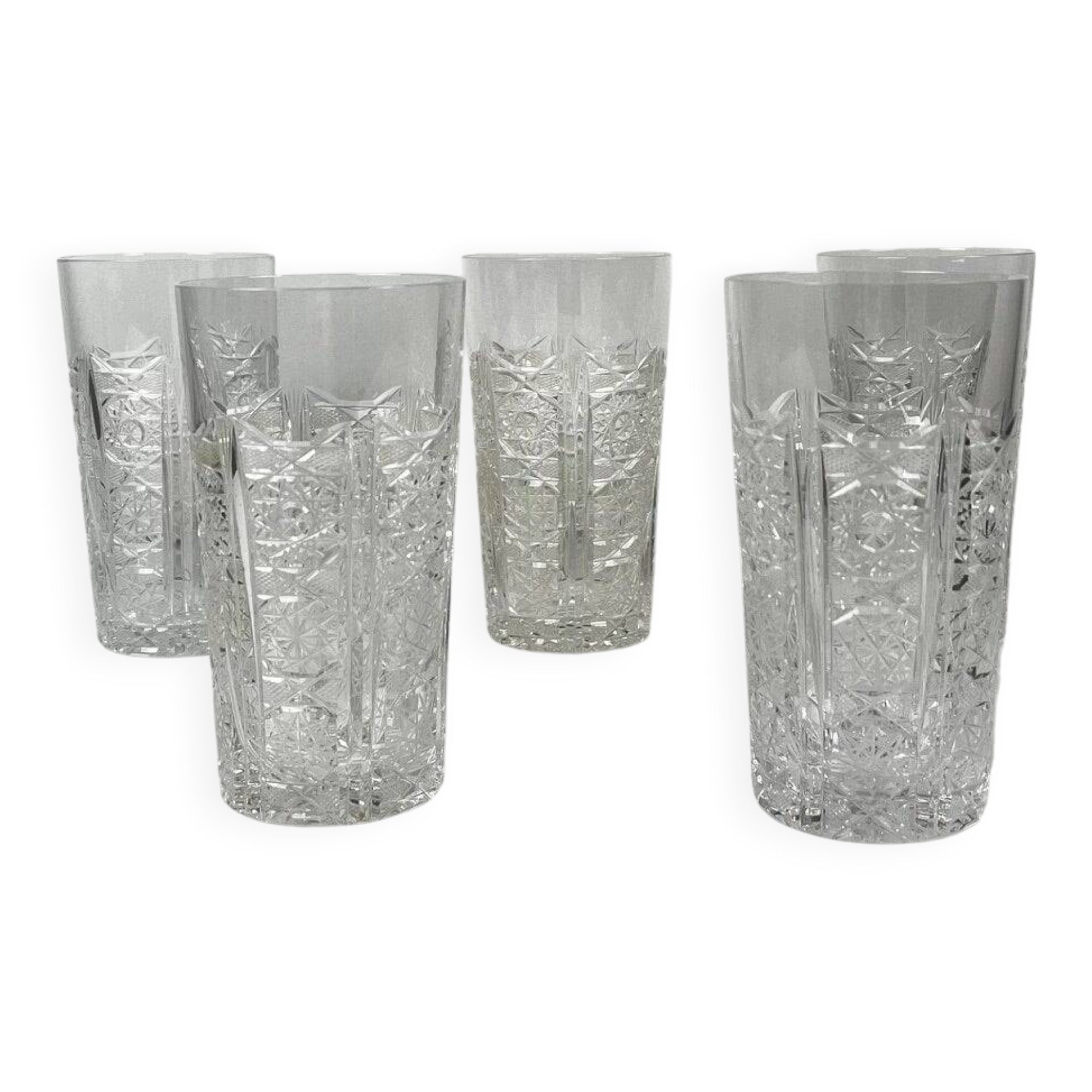 Set of 5 Bohemian cut crystal highball glasses, Czech Republic