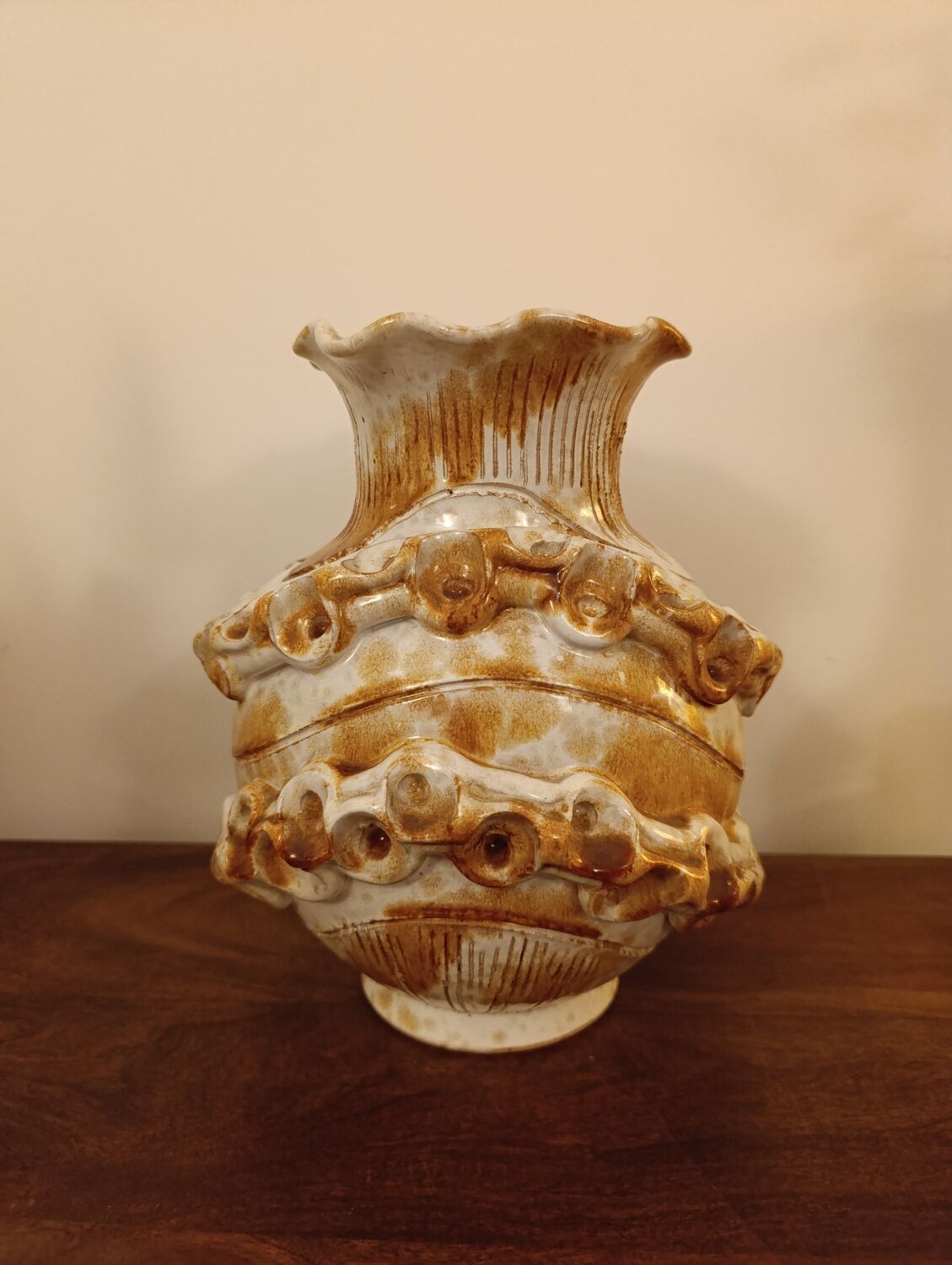 Large brutalist Italian ceramic vase, vintage two-tone, 60s/70s.