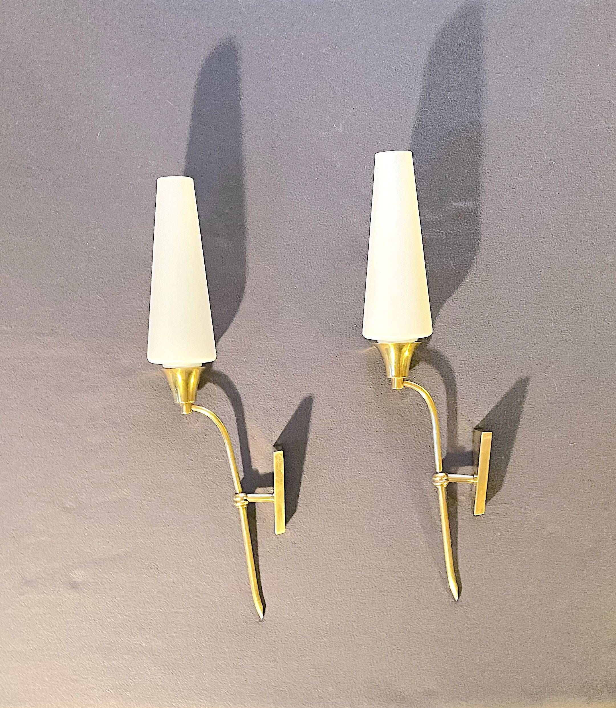 Pair of tall brass and white opaline sconces, mid-century France